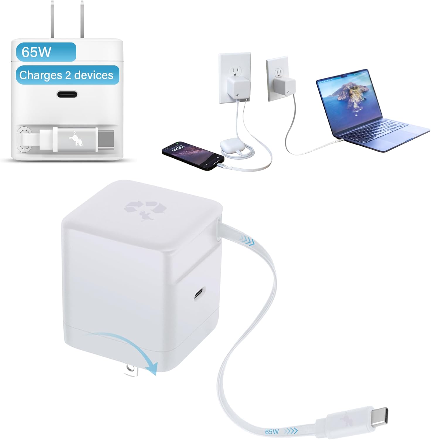 Nimble Wally Stretch 65W Wall Charger – Fast Charger with Retractable 2ft Cable, USB-C Port, and Foldable Plug for iPhone 17/16/15/14, Galaxy S25, Pixel, iPad, Laptops, and AirPods – White