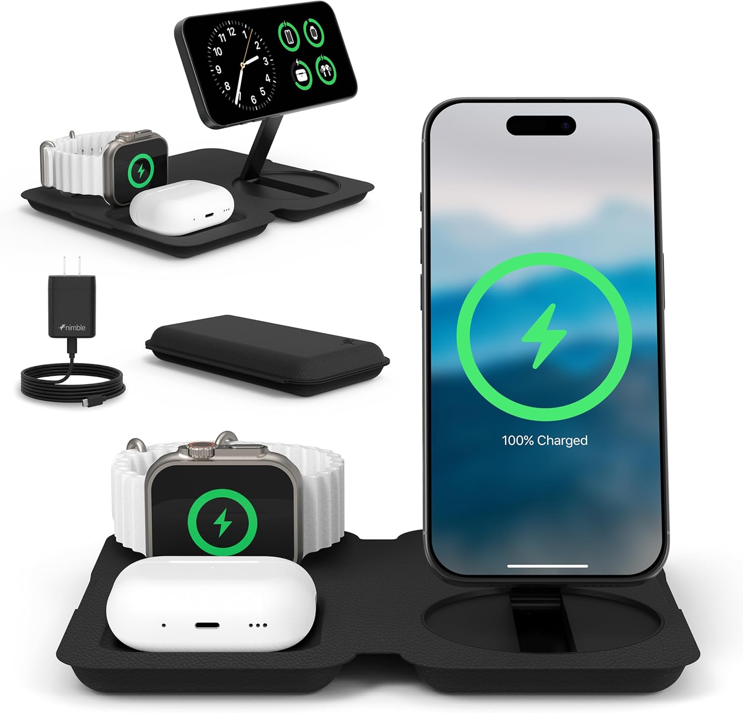 Nimble Fold 3-in-1 Wireless Charging Station for iPhone & AirPods, MagSafe Compatible 15W Qi2 Charging Stand, Wireless Charger Dock for iPhone 17/16/15/14/13/12 (36W Adapter & USB-C Cable Included)