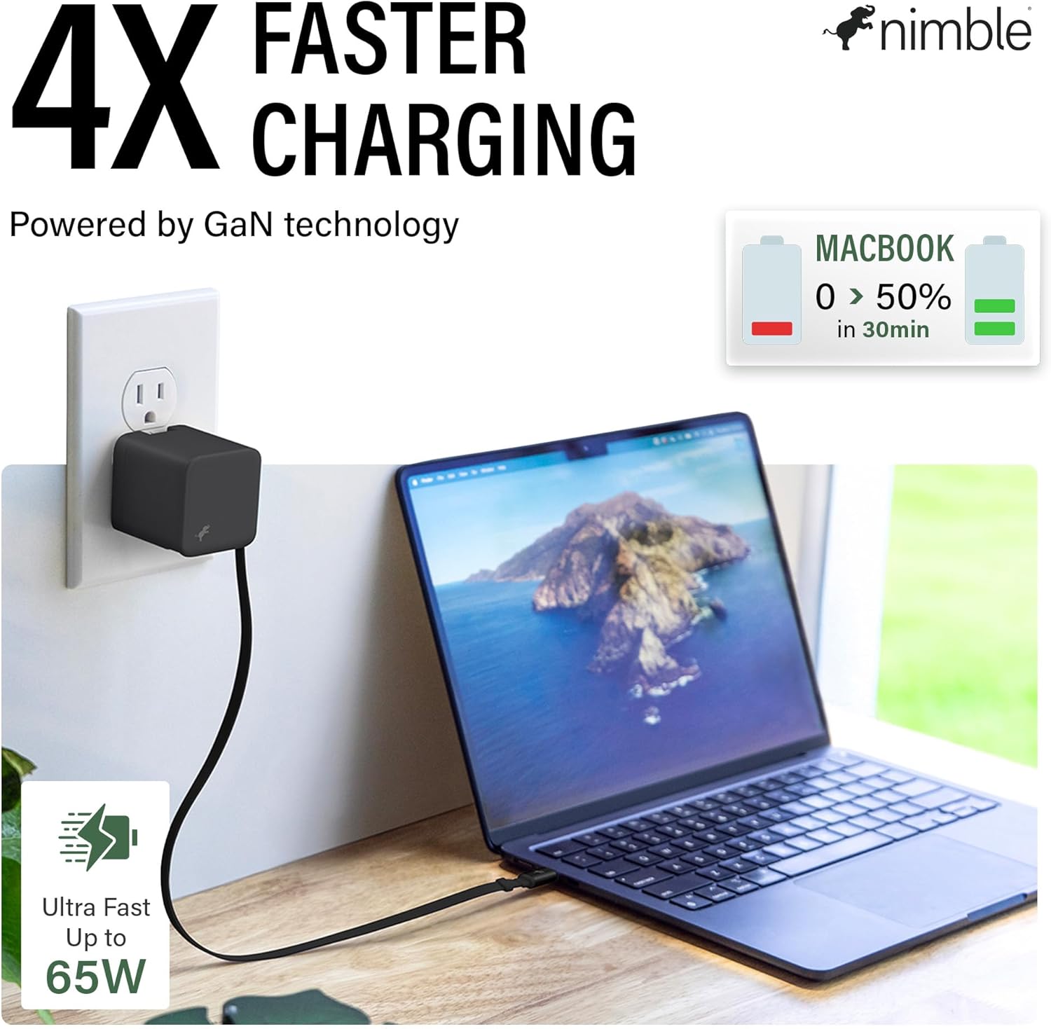 Nimble Wally Stretch 65W Wall Charger – Fast Charger with Retractable 2ft Cable, USB-C Port, and Foldable Plug for iPhone 17/16/15/14, Galaxy S25, Pixel, iPad, Laptops, and AirPods – White