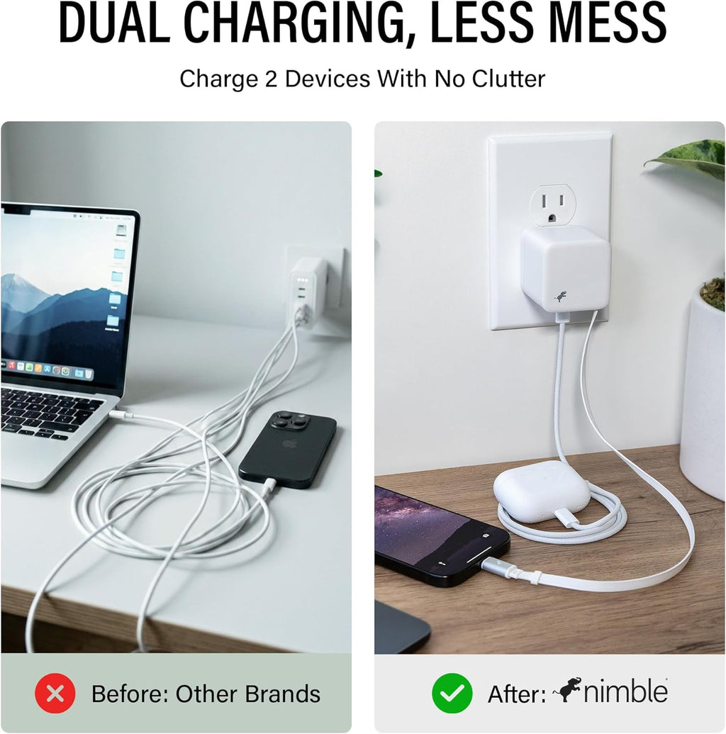 Nimble Wally Stretch 65W Wall Charger – Fast Charger with Retractable 2ft Cable, USB-C Port, and Foldable Plug for iPhone 17/16/15/14, Galaxy S25, Pixel, iPad, Laptops, and AirPods – White