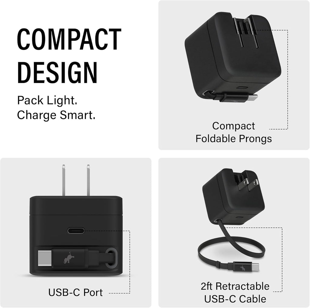 Nimble Wally Stretch 65W Wall Charger – Fast Charger with Retractable 2ft Cable, USB-C Port, and Foldable Plug for iPhone 17/16/15/14, Galaxy S25, Pixel, iPad, Laptops, and AirPods – White