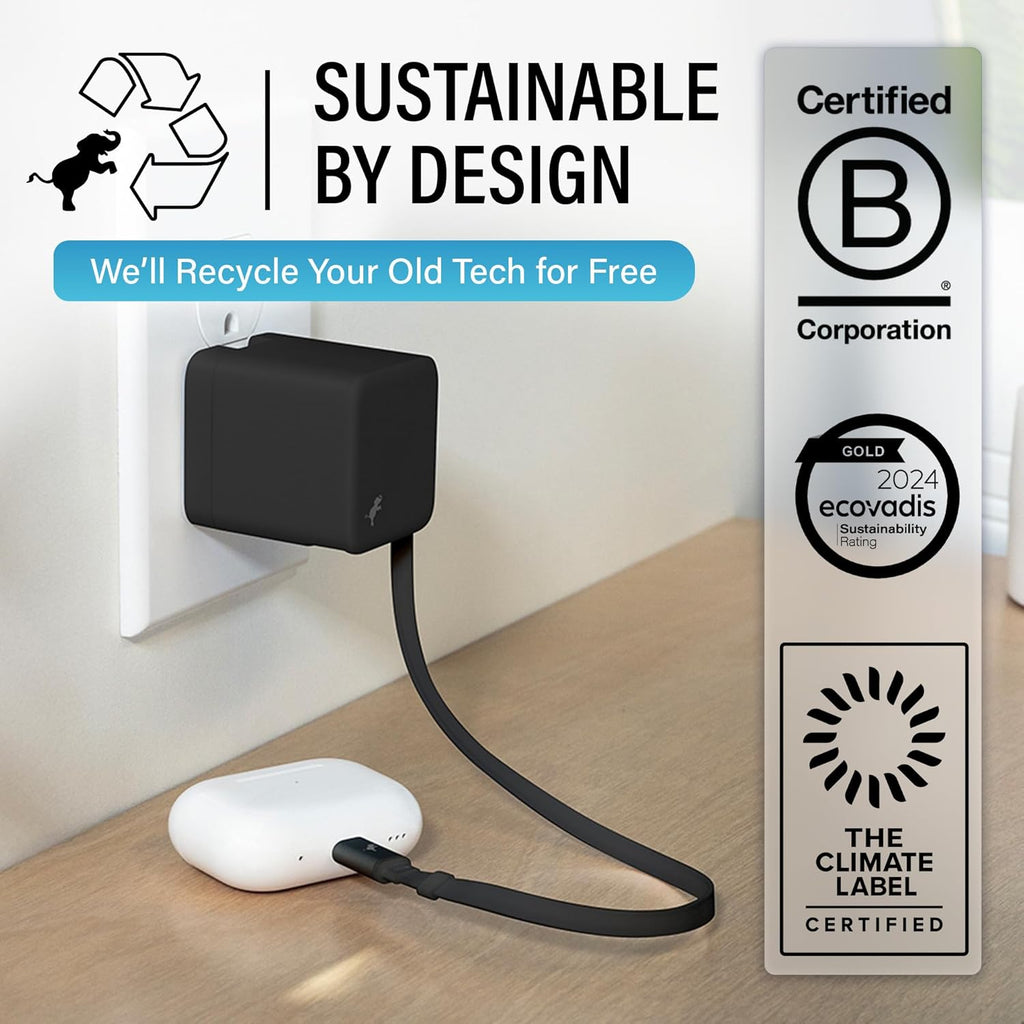 Nimble Wally Stretch 65W Wall Charger – Fast Charger with Retractable 2ft Cable, USB-C Port, and Foldable Plug for iPhone 17/16/15/14, Galaxy S25, Pixel, iPad, Laptops, and AirPods – White