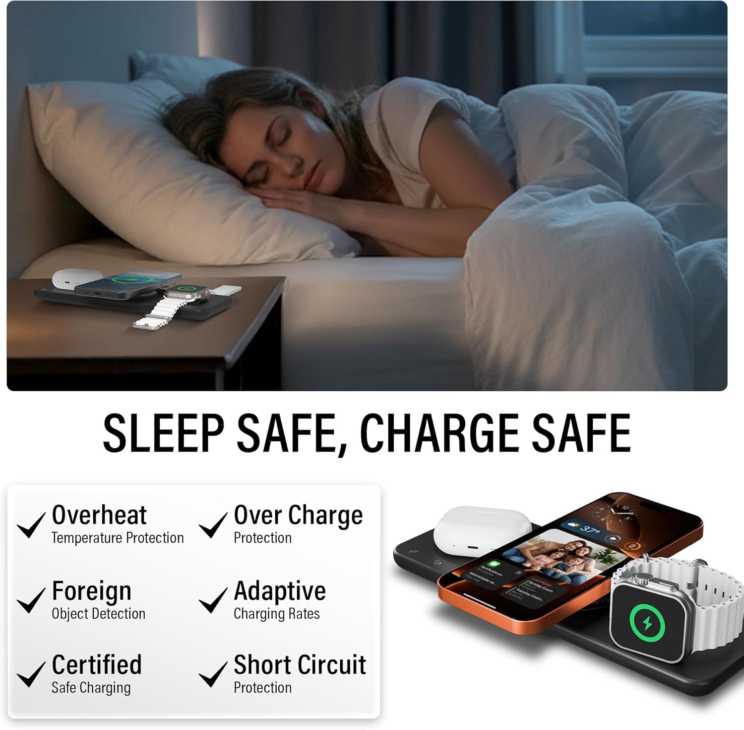 Nimble Podium 3-in-1 Wireless Charging Station for Apple, Qi2-Certified 15W Magsafe Charger Stand, Wireless Charger for iPhone 17 16 15 14 13 - Apple Watch - Airpods Series (Charger & USB-C Included)