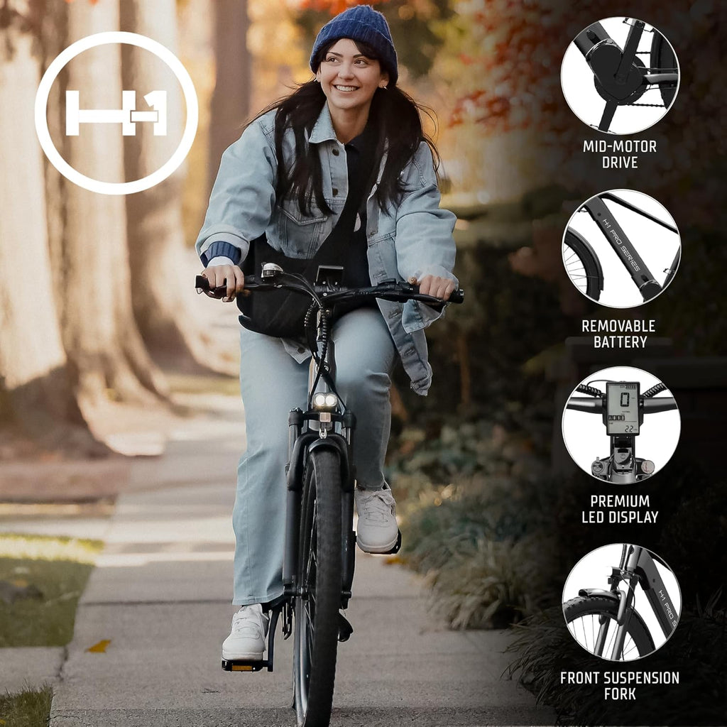 H-1 Pro Series Compass Electric Bicycle with 20 mph Max Speed, 500W Mid Motor, and Up to 51 Miles of Range