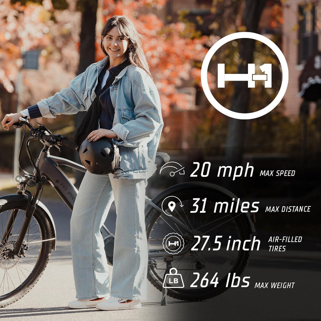 H-1 Pro Series Compass Electric Bicycle with 20 mph Max Speed, 500W Mid Motor, and Up to 51 Miles of Range
