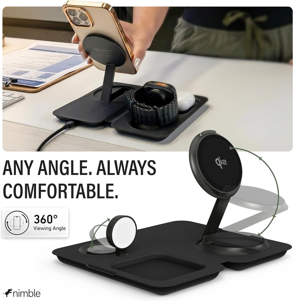 Nimble Fold 3-in-1 Wireless Charging Station for iPhone & AirPods, MagSafe Compatible 15W Qi2 Charging Stand, Wireless Charger Dock for iPhone 17/16/15/14/13/12 (36W Adapter & USB-C Cable Included)
