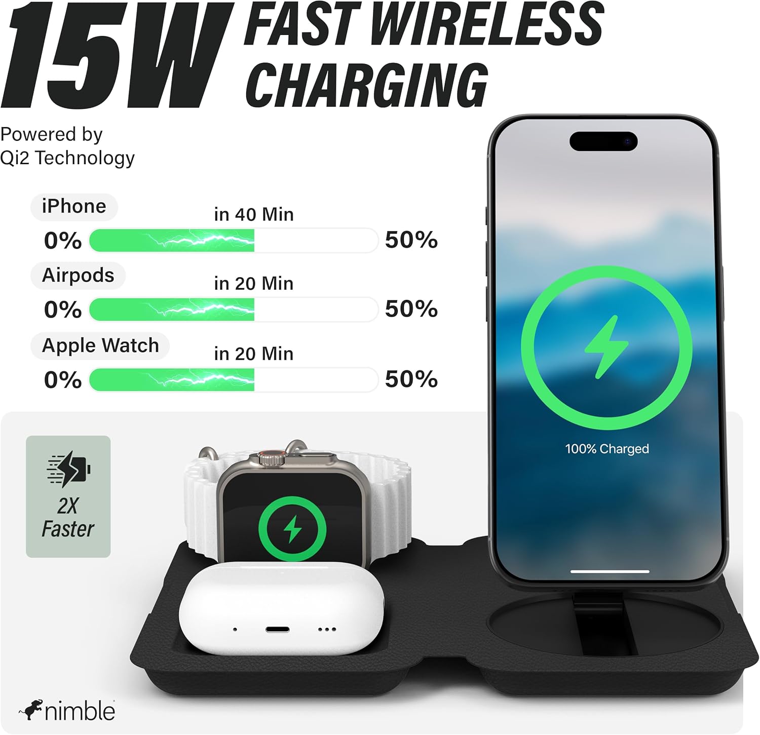 Nimble Fold 3-in-1 Wireless Charging Station for iPhone & AirPods, MagSafe Compatible 15W Qi2 Charging Stand, Wireless Charger Dock for iPhone 17/16/15/14/13/12 (36W Adapter & USB-C Cable Included)