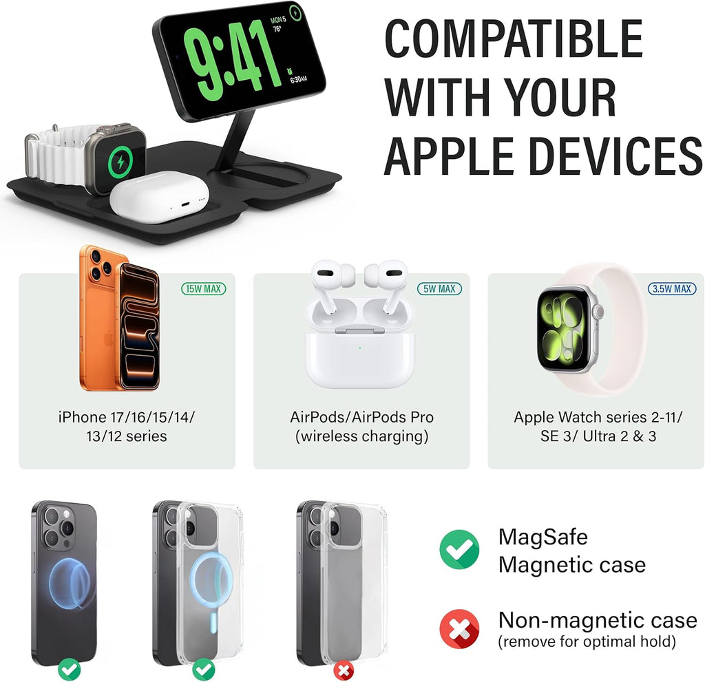 Nimble Fold 3-in-1 Wireless Charging Station for iPhone & AirPods, MagSafe Compatible 15W Qi2 Charging Stand, Wireless Charger Dock for iPhone 17/16/15/14/13/12 (36W Adapter & USB-C Cable Included)