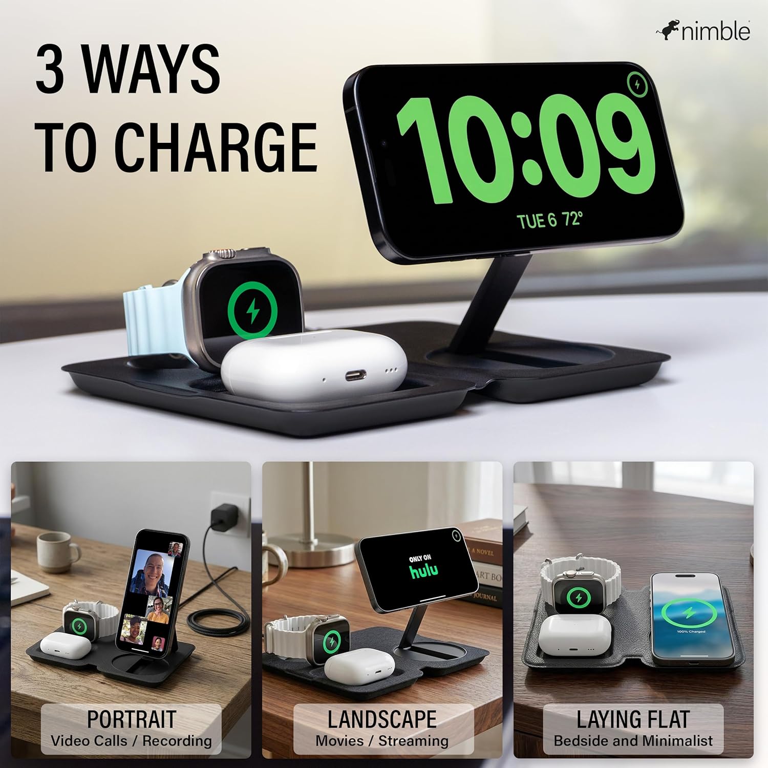 Nimble Fold 3-in-1 Wireless Charging Station for iPhone & AirPods, MagSafe Compatible 15W Qi2 Charging Stand, Wireless Charger Dock for iPhone 17/16/15/14/13/12 (36W Adapter & USB-C Cable Included)