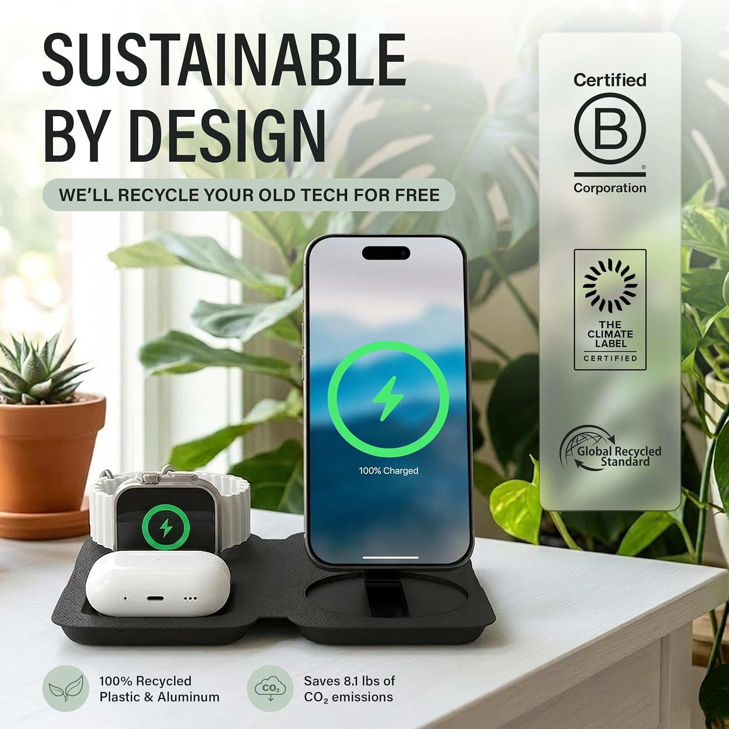 Nimble Fold 3-in-1 Wireless Charging Station for iPhone & AirPods, MagSafe Compatible 15W Qi2 Charging Stand, Wireless Charger Dock for iPhone 17/16/15/14/13/12 (36W Adapter & USB-C Cable Included)